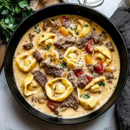 Cheesesteak Tortellini in Creamy Provolone Sauce