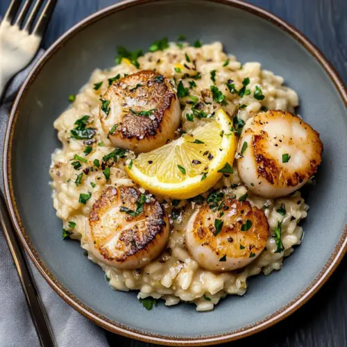 Lemon Butter Scallops Over Parmesan Risotto