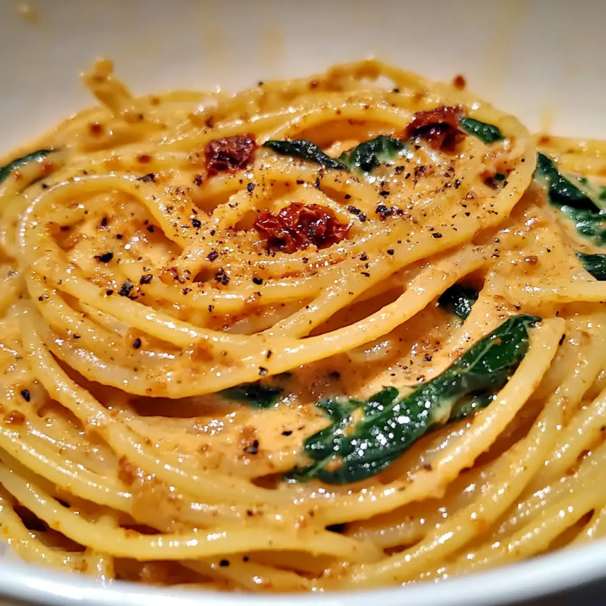Spaghetti & Spinach with Sun-Dried Tomato Cream Sauce